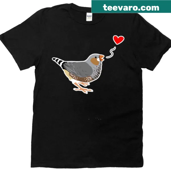 Adorable illustration of zebra finches on a T-shirt, symbolizing love and companionship.