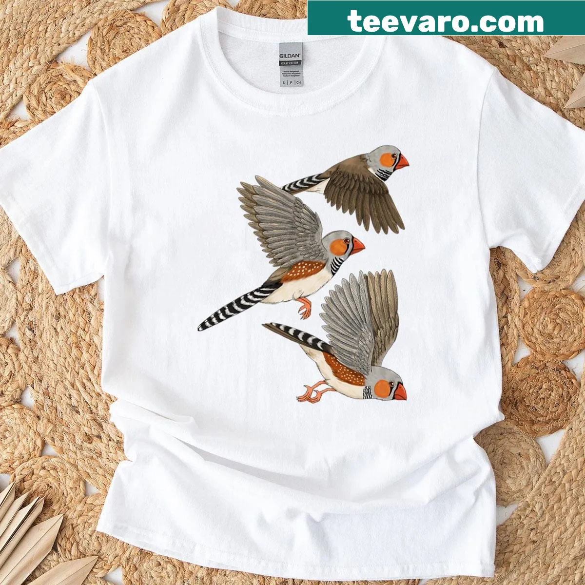 T-shirt featuring zebra finches in flight — on a men's t-shirt