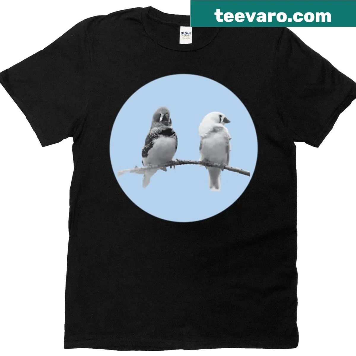 Zebra Finches T-shirt featuring playful bird illustrations — on a men's t-shirt