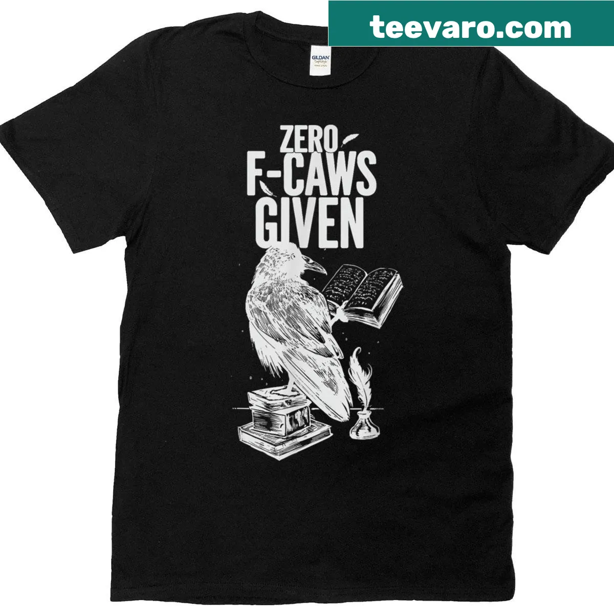 Funny Halloween T-shirt featuring a raven and the text 'Zero F-caws Given'. — on a men's t-shirt