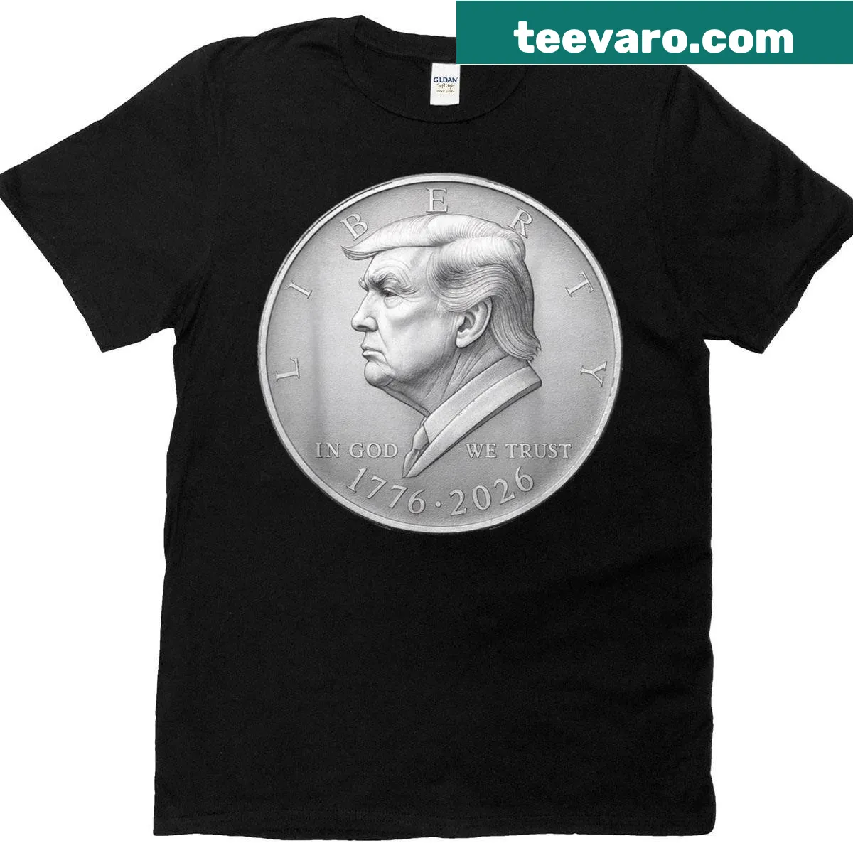 Liberty coin graphic t-shirt with historical dates — on a men's t-shirt