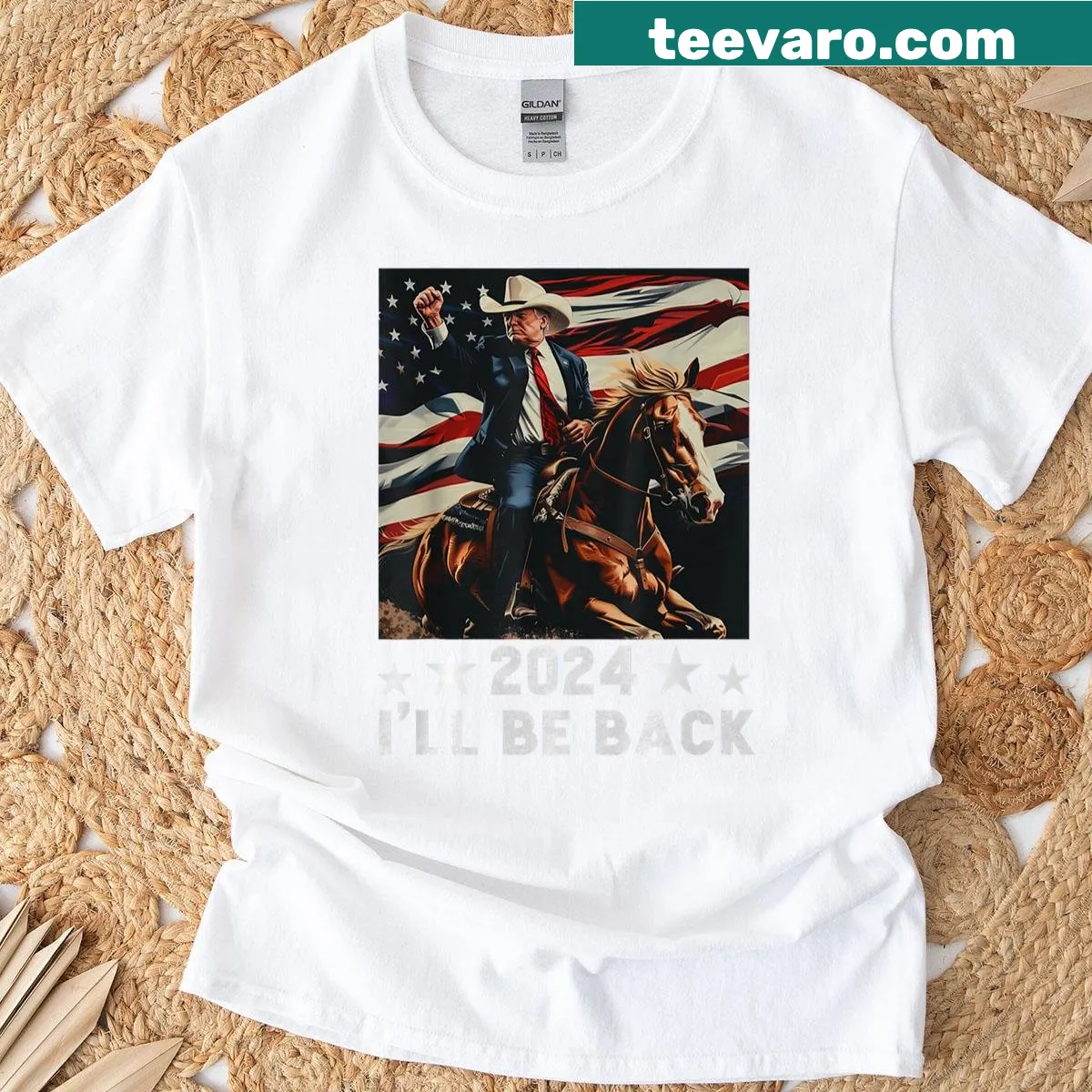 Trump riding a horse with the US flag graphic on a t-shirt — on a men's t-shirt