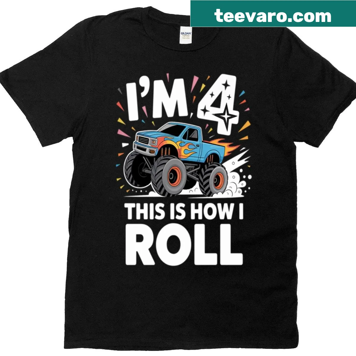 Monster truck design T-shirt for a 4-year-old's birthday — on a men's t-shirt