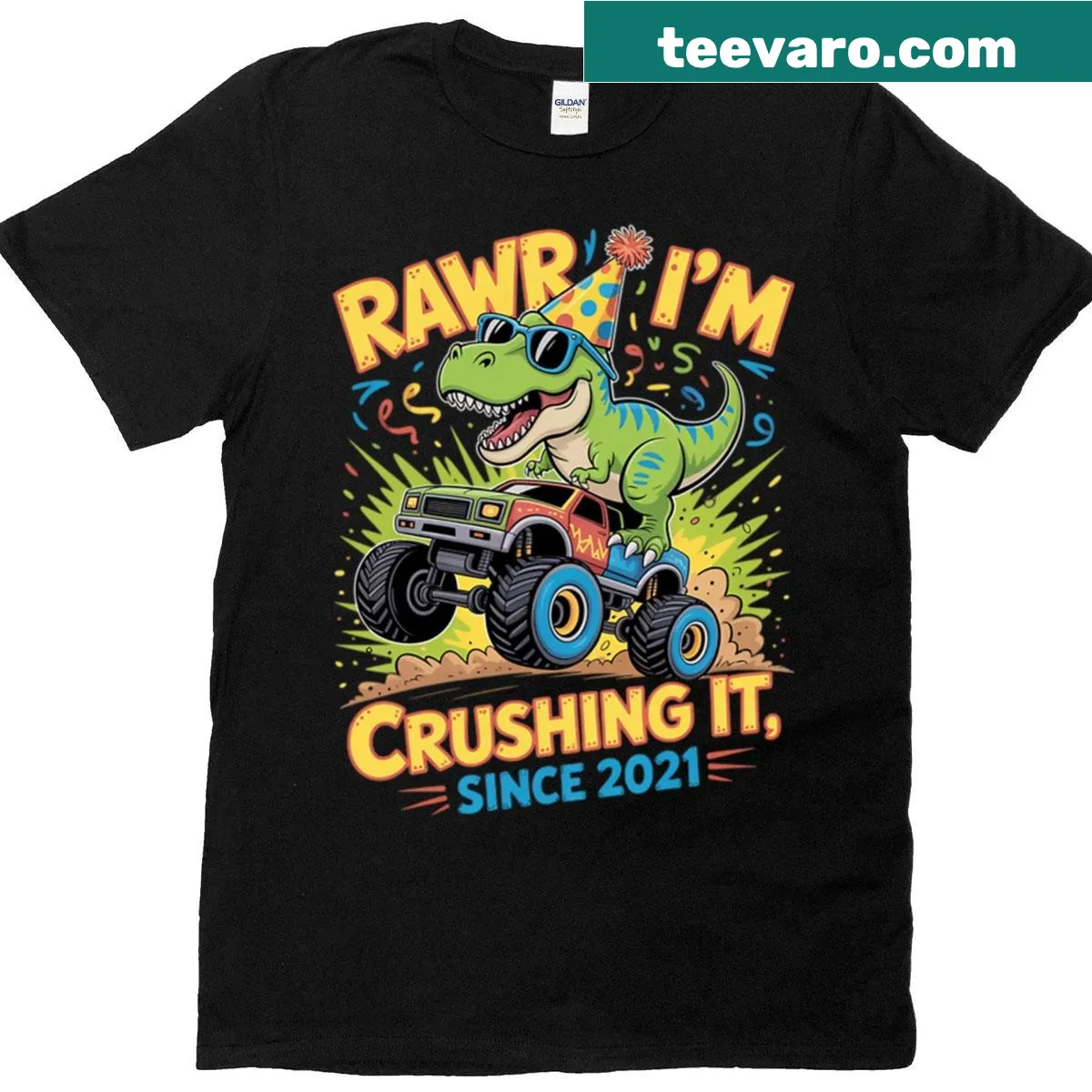 Funny dinosaur and monster truck design with text for a 4th birthday — on a men's t-shirt