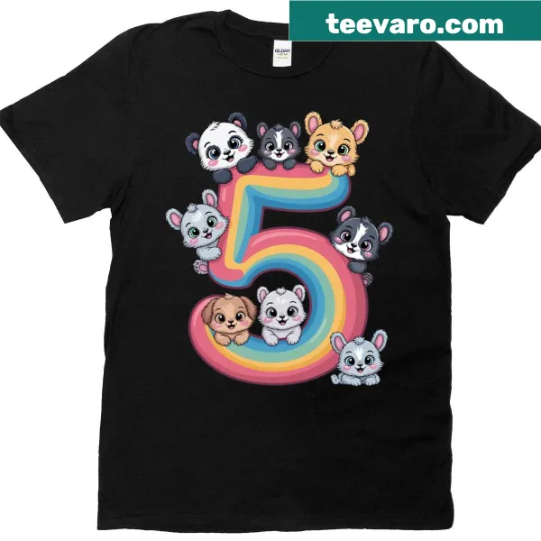 Bright illustration of animals and rainbow for 5th birthday shirt