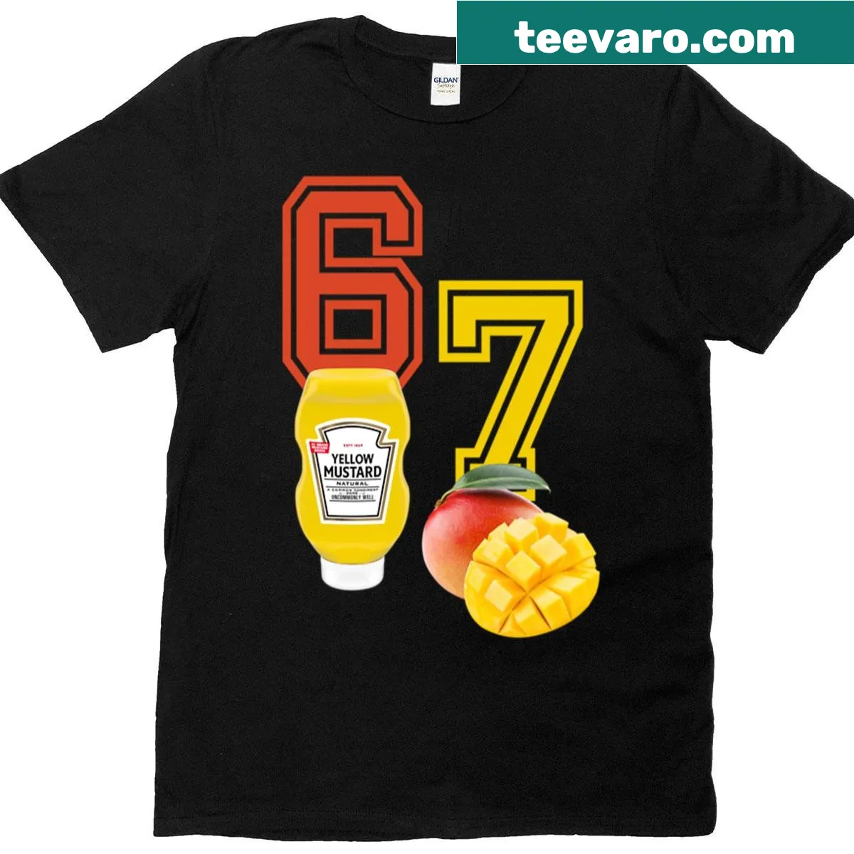 Funny food-themed t-shirt featuring '67 Mustard Mango' graphic — on a men's t-shirt