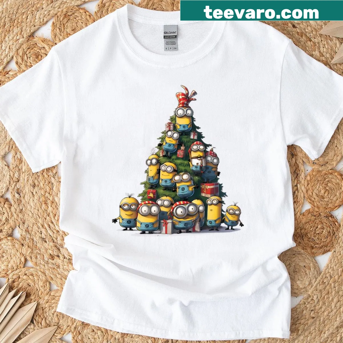 Cartoon Minions around a whimsical tree on a t-shirt — on a men's t-shirt