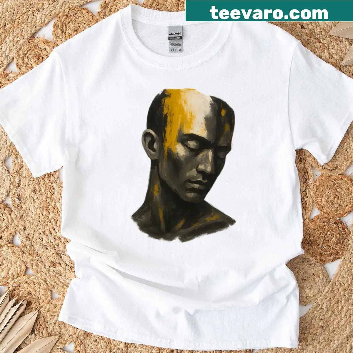 Abstract golden emotional portrait art on a t-shirt — on a men's t-shirt