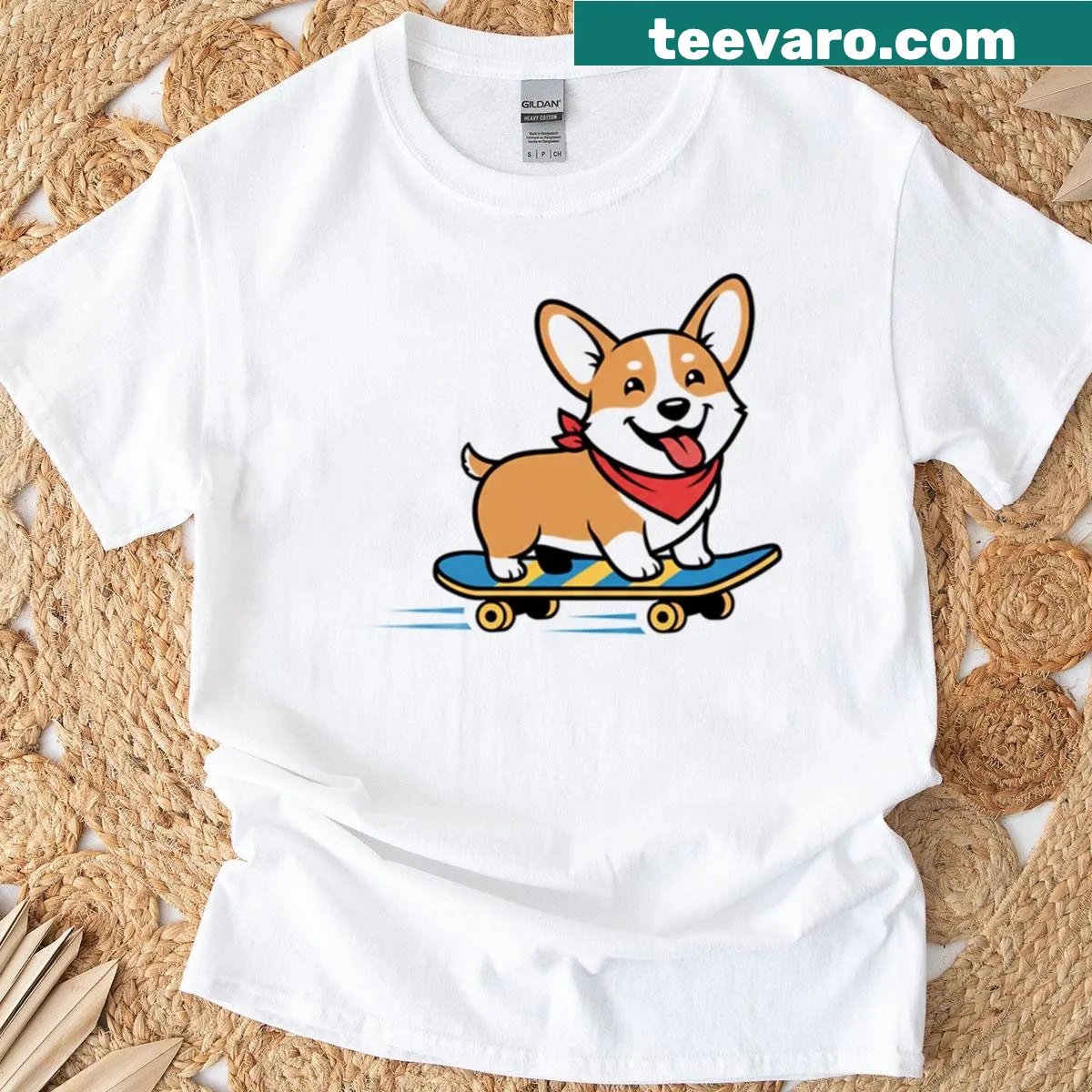Cartoon corgi skateboarding with a red bandana — on a men's t-shirt
