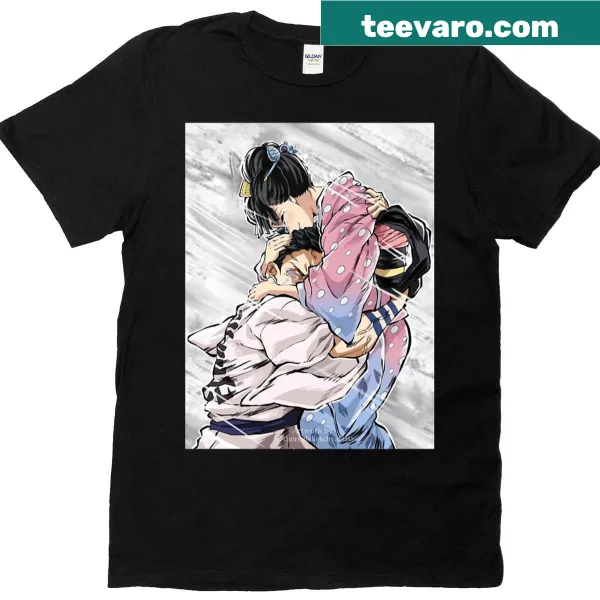 Emotional hug T-shirt featuring Akaza and Koyuki characters in illustration