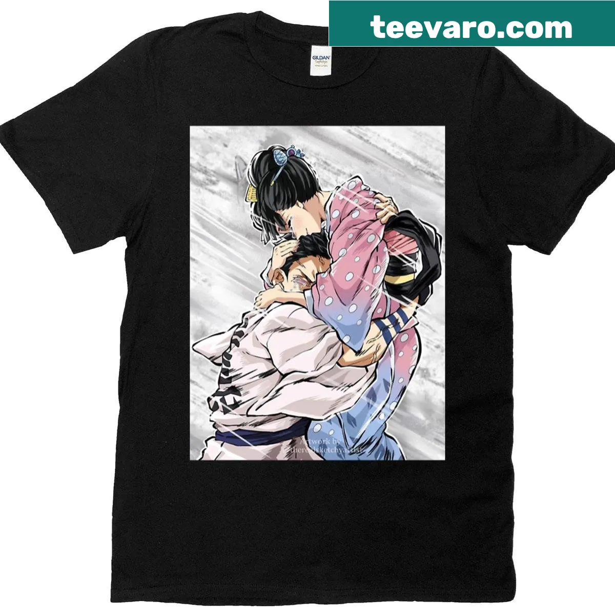 Emotional hug T-shirt featuring Akaza and Koyuki characters in illustration — on a men's t-shirt