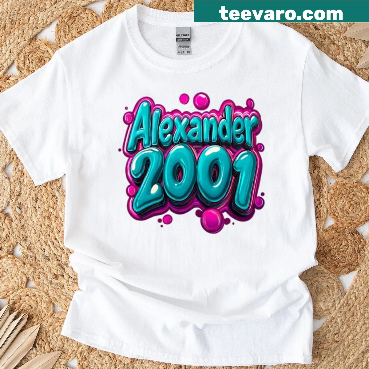 Minimalist Y2K bubble gloss name t-shirt — on a men's t-shirt