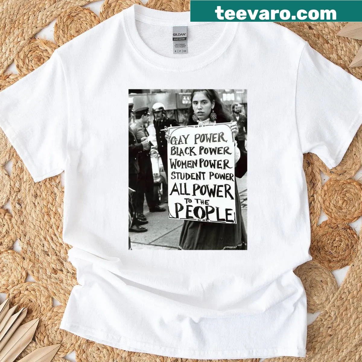T-shirt with the phrase 'All Power To The People' in script — on a men's t-shirt