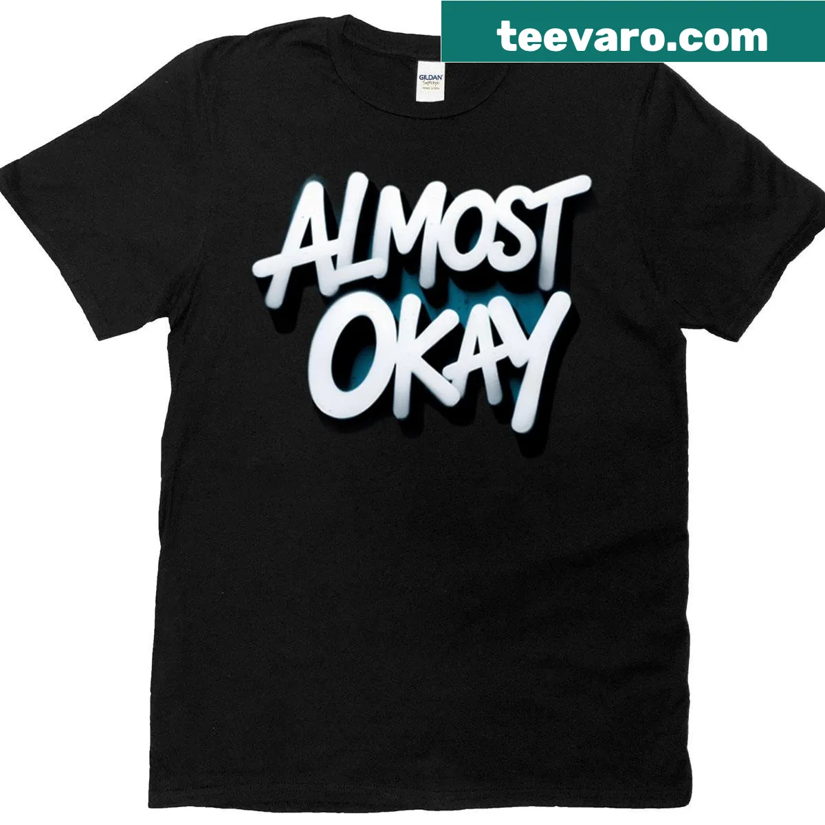 Almost Okay T-shirt with playful typography — on a men's t-shirt