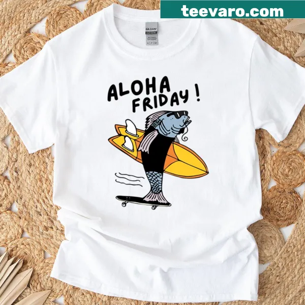 Playful t-shirt featuring a fish skateboarding for Aloha Friday