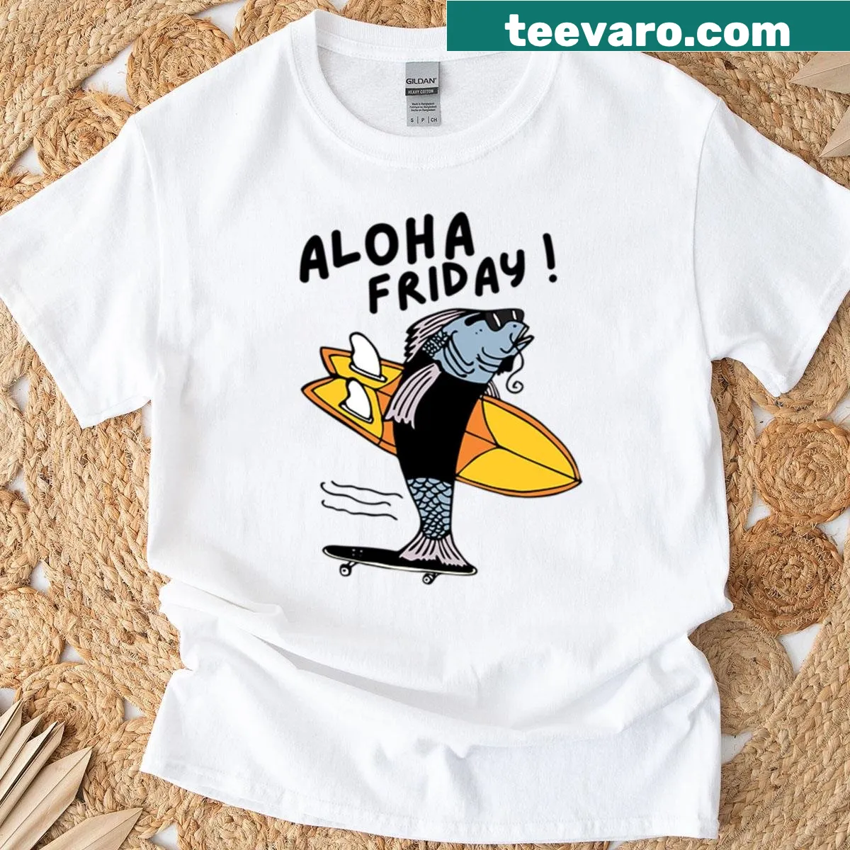 Playful t-shirt featuring a fish skateboarding for Aloha Friday — on a men's t-shirt