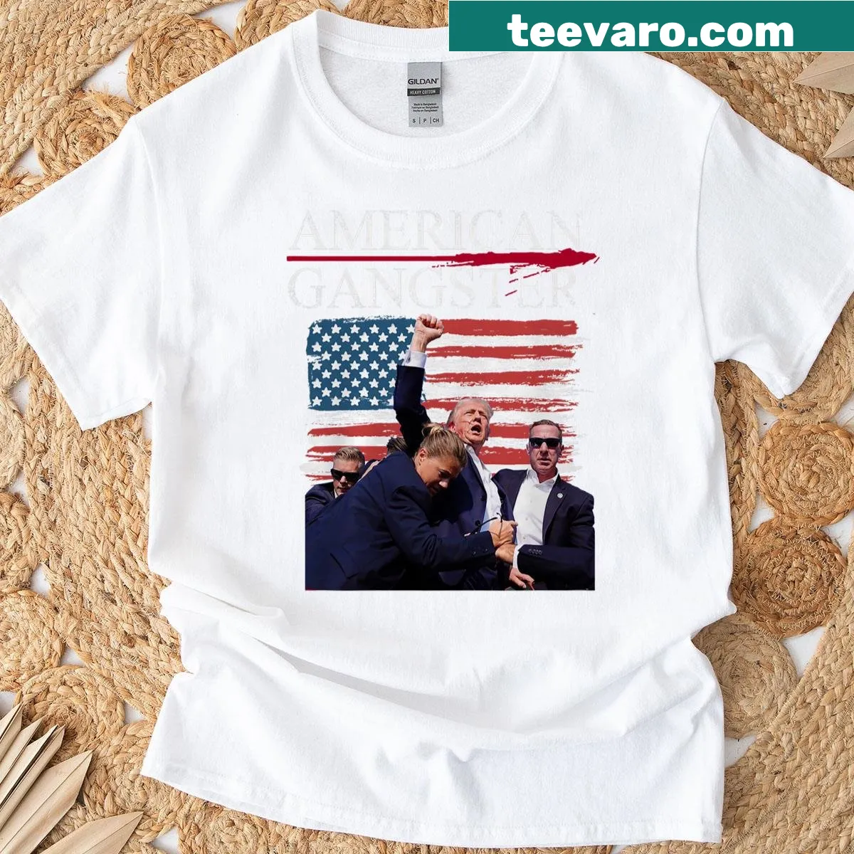 Humorous T-shirt with gangster-style typography making a political statement about Trump — on a men's t-shirt