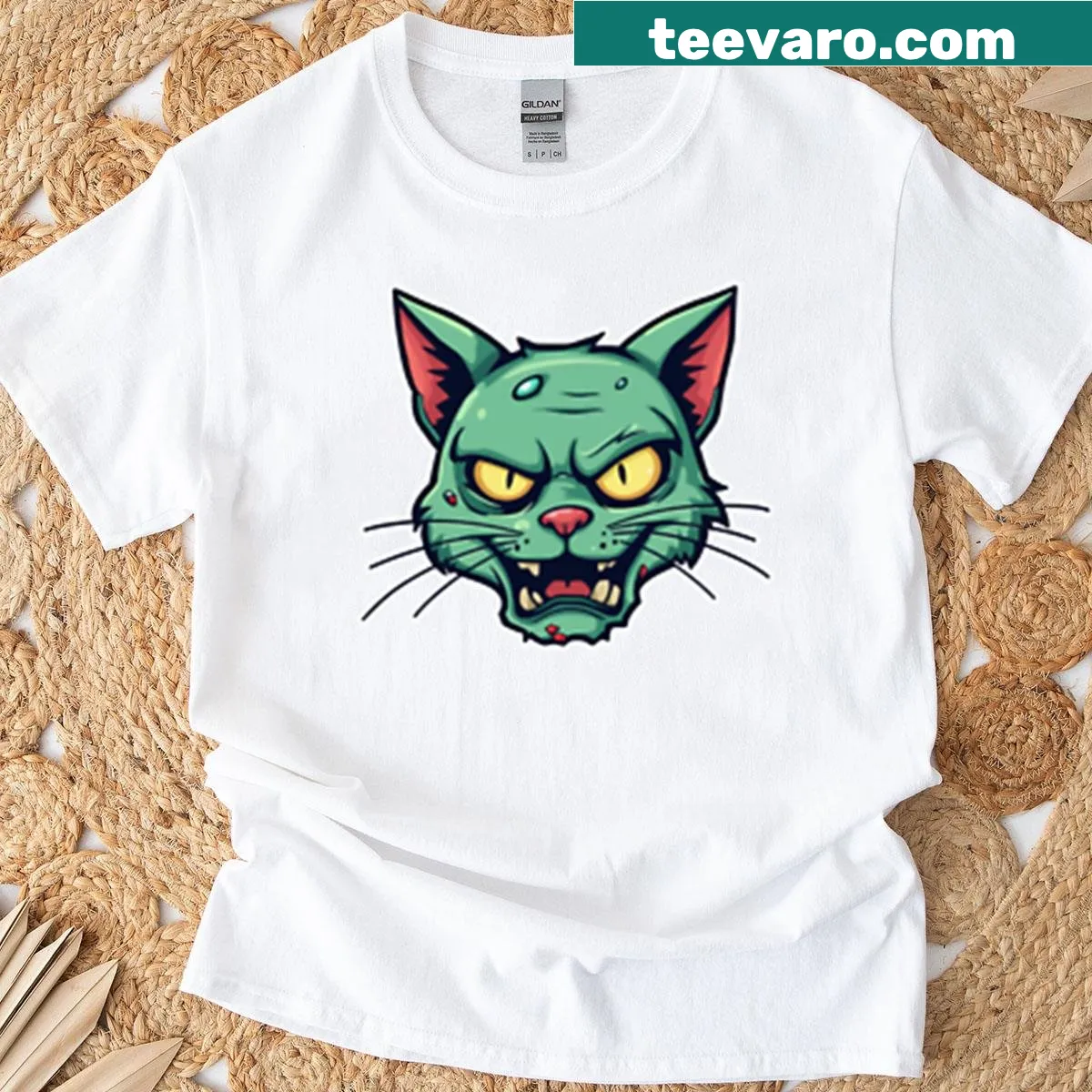 Illustration of an angry green cat head on a t-shirt — on a men's t-shirt