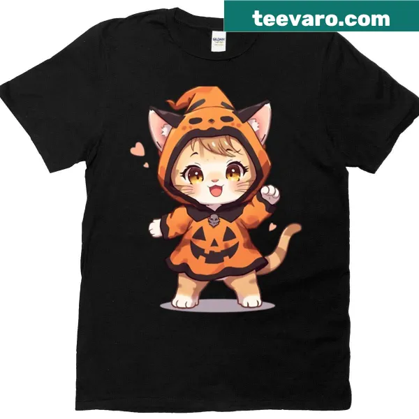 Anime-style cat inside pumpkin design for Halloween