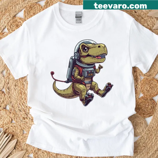 Funny astronaut dinosaur T-shirt with cartoon style