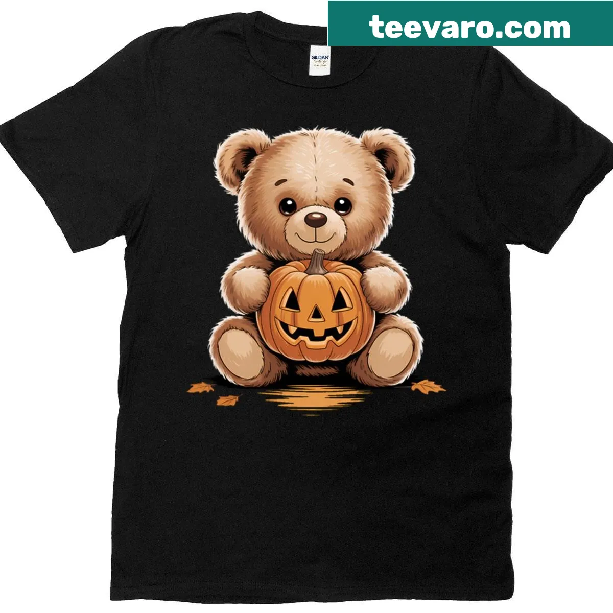Scary teddy bear graphic on Halloween-themed shirt — on a men's t-shirt