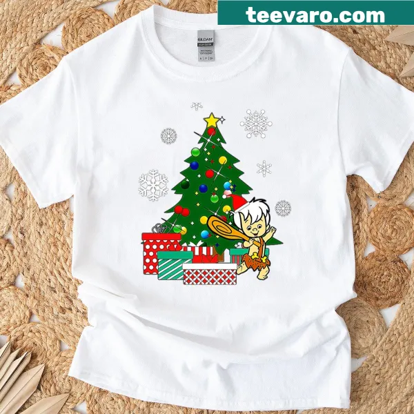 Cartoon design of Bamm Bamm around a Christmas tree, nostalgic.