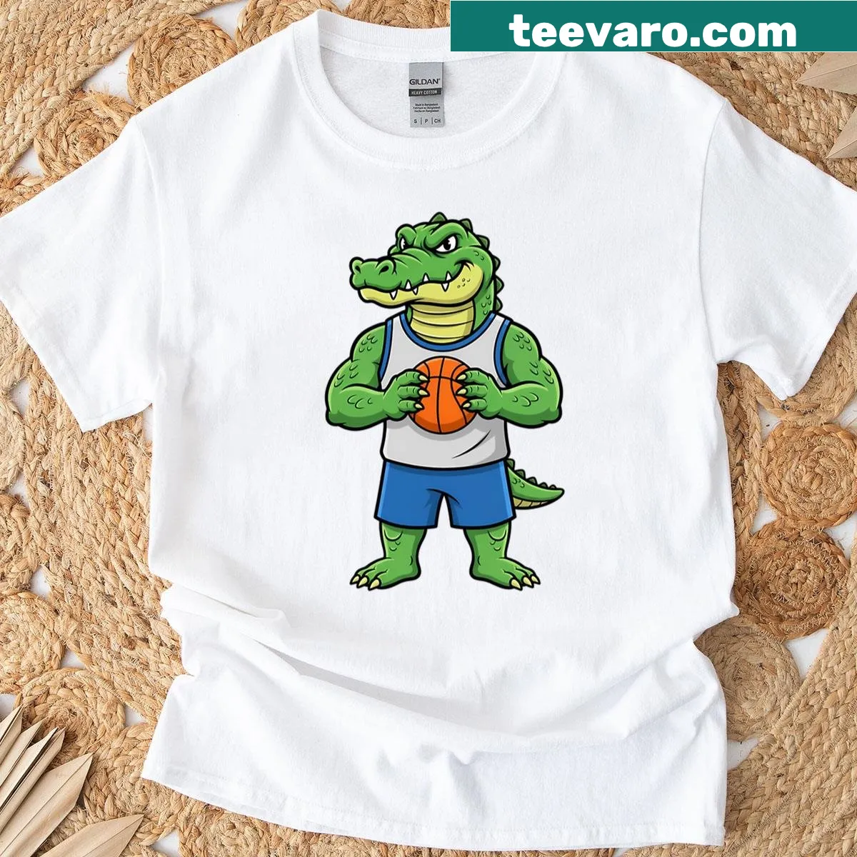 Alligator in basketball uniform dribbling on a t-shirt — on a men's t-shirt