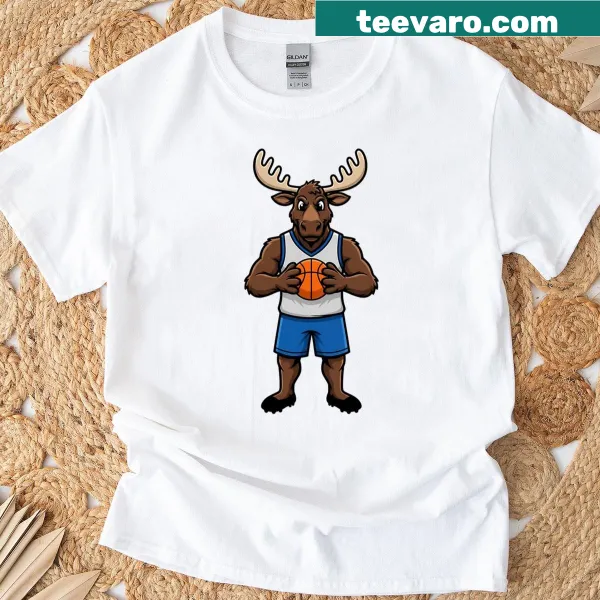 Illustration of a moose mascot playing basketball on a t-shirt