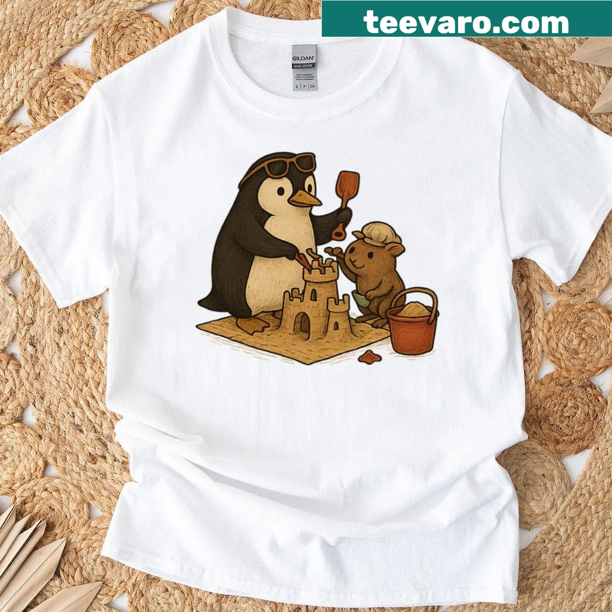 Bold t-shirt celebrating beach builders with graphic design — on a men's t-shirt
