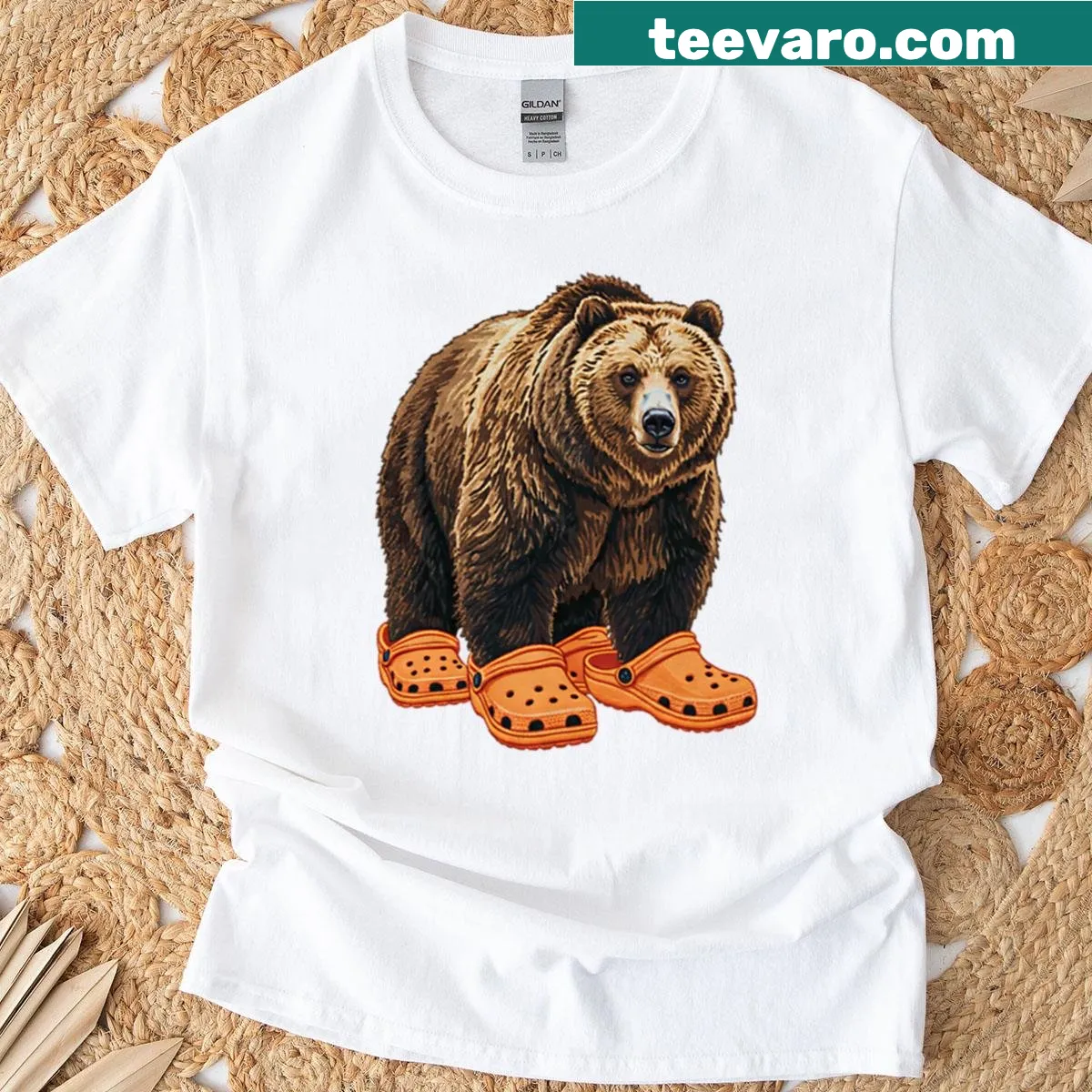 Cartoon bear wearing Crocs on a humorous t-shirt — on a men's t-shirt