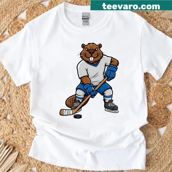Cartoon beaver hockey player mascot on T-shirt