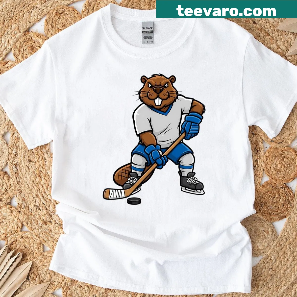 Cartoon beaver hockey player mascot on T-shirt — on a men's t-shirt