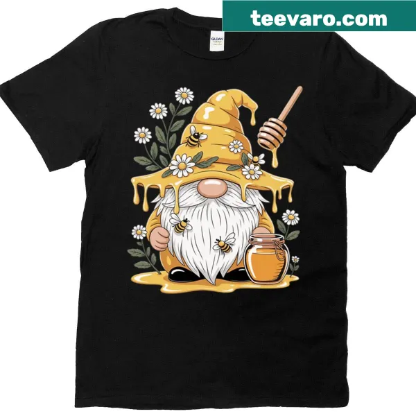 Cute shirt featuring cartoon gnomes, bees, and flowers