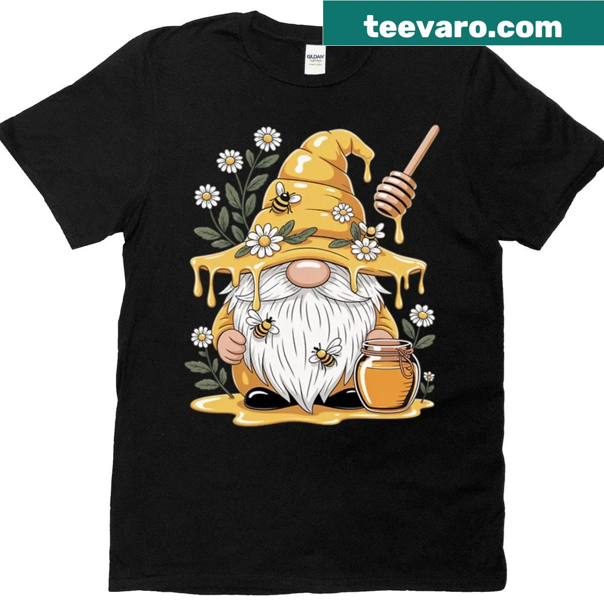 Cute shirt featuring cartoon gnomes, bees, and flowers — on a men's t-shirt