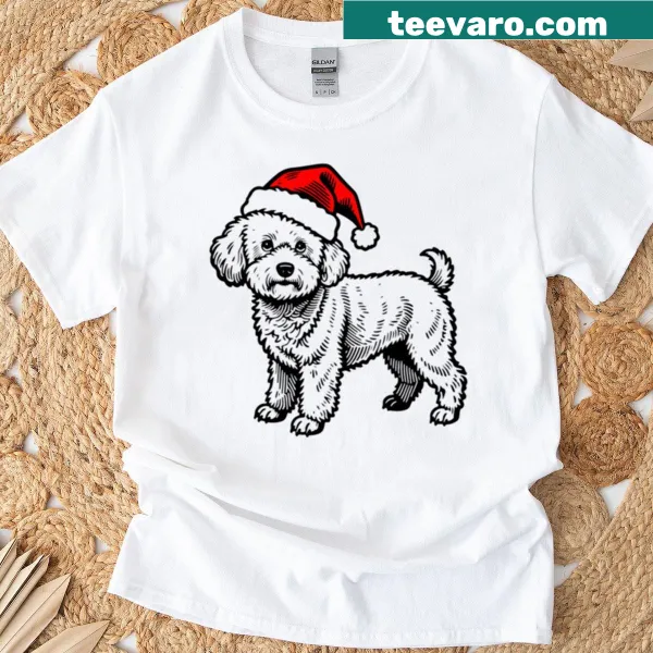 Bichon Frise silhouette wearing a Santa hat on a t-shirt