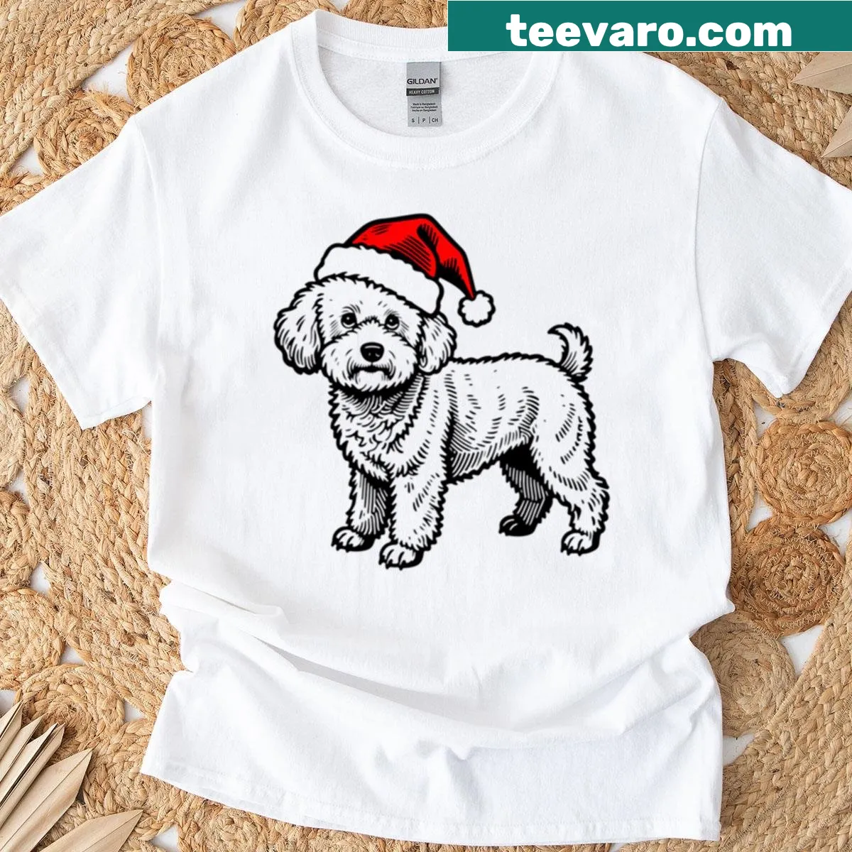 Bichon Frise silhouette wearing a Santa hat on a t-shirt — on a men's t-shirt