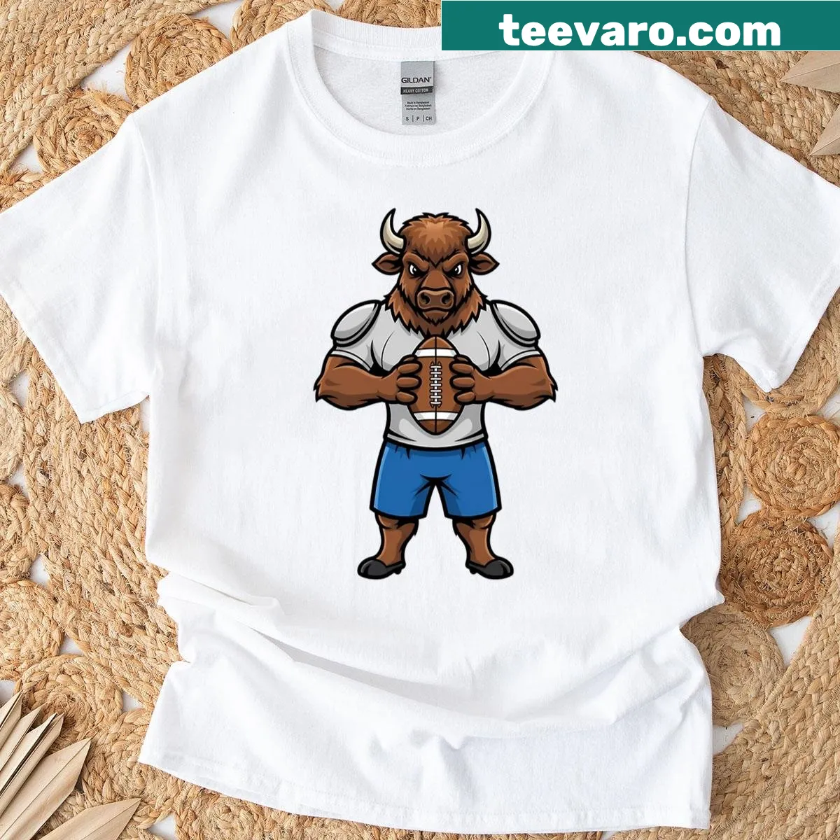 Cartoon Bison football mascot on a T-shirt — on a men's t-shirt