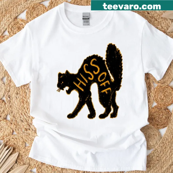 Humorous black cat graphic with text on a t-shirt