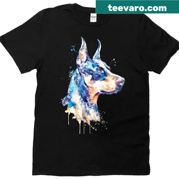 Watercolor portrait t-shirt featuring a blue Doberman