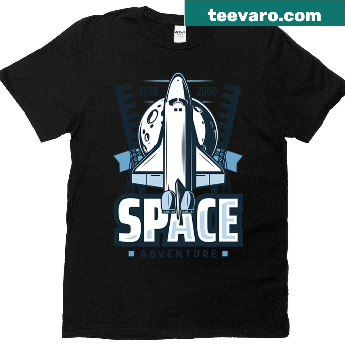 Playful t-shirt featuring a blue spaceship in the galaxy — on a men's t-shirt