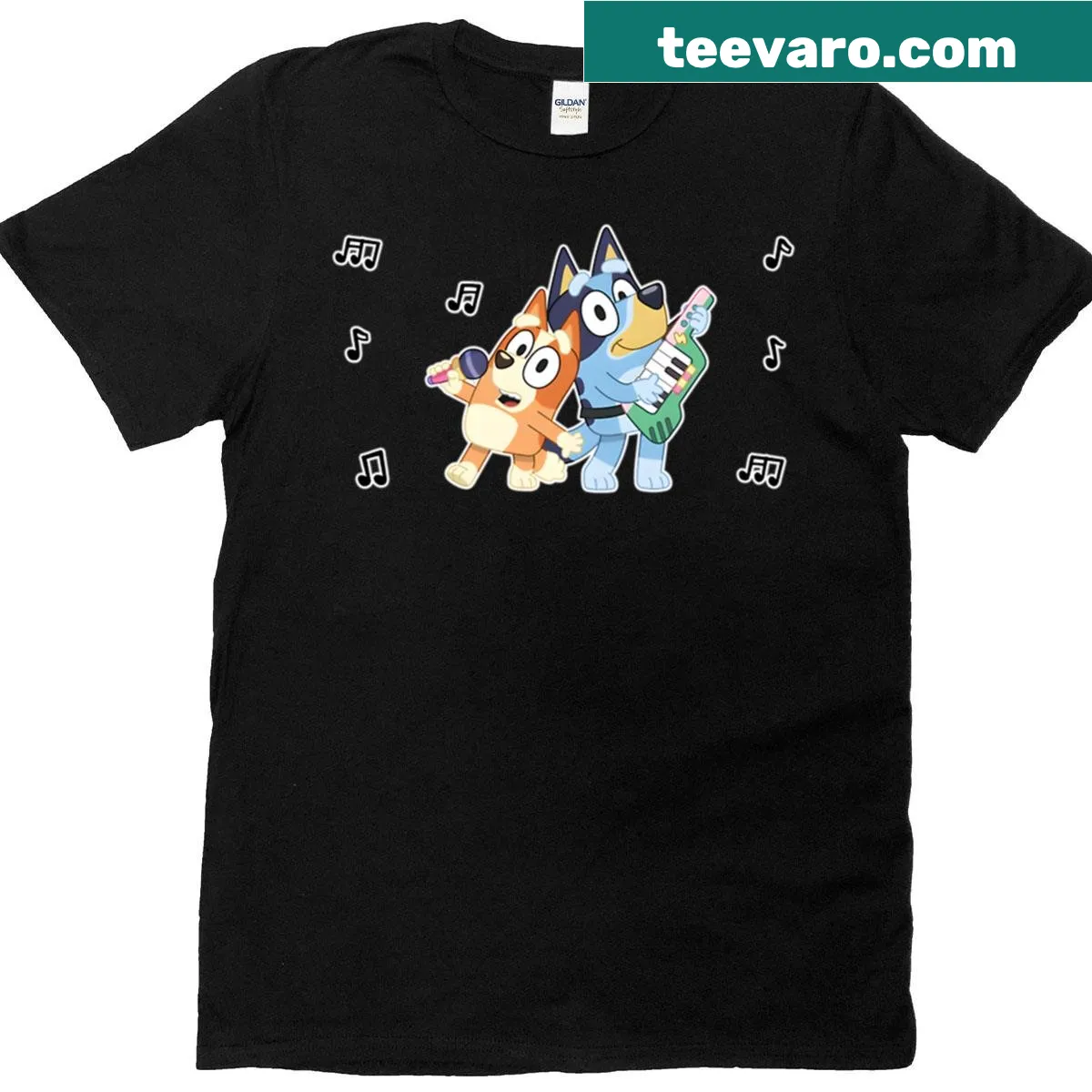 Bluey and Bingo shirt featuring fun singing illustration — on a men's t-shirt