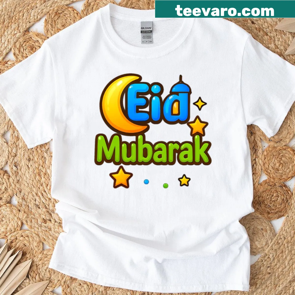 Cartoon Eid Mubarak T-shirt featuring a moon lantern graphic — on a men's t-shirt