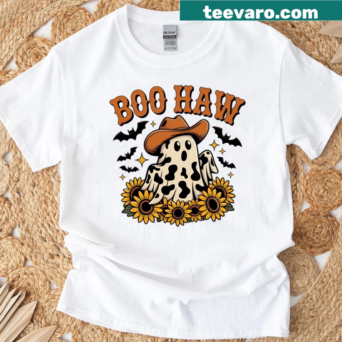 Skeleton cow design with 'Boo Haw' for Halloween — on a men's t-shirt
