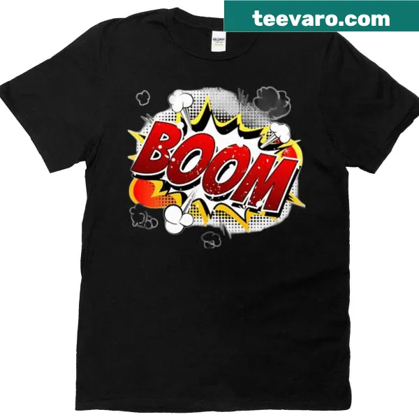 Comic explosion graphic on an oversized t-shirt