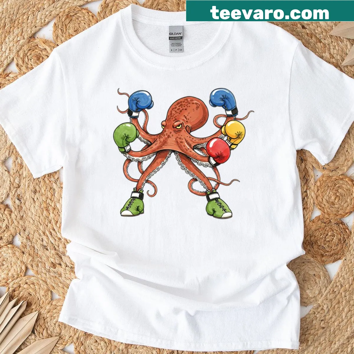 Boxing octopus graphic T-shirt with humorous sports theme — on a men's t-shirt