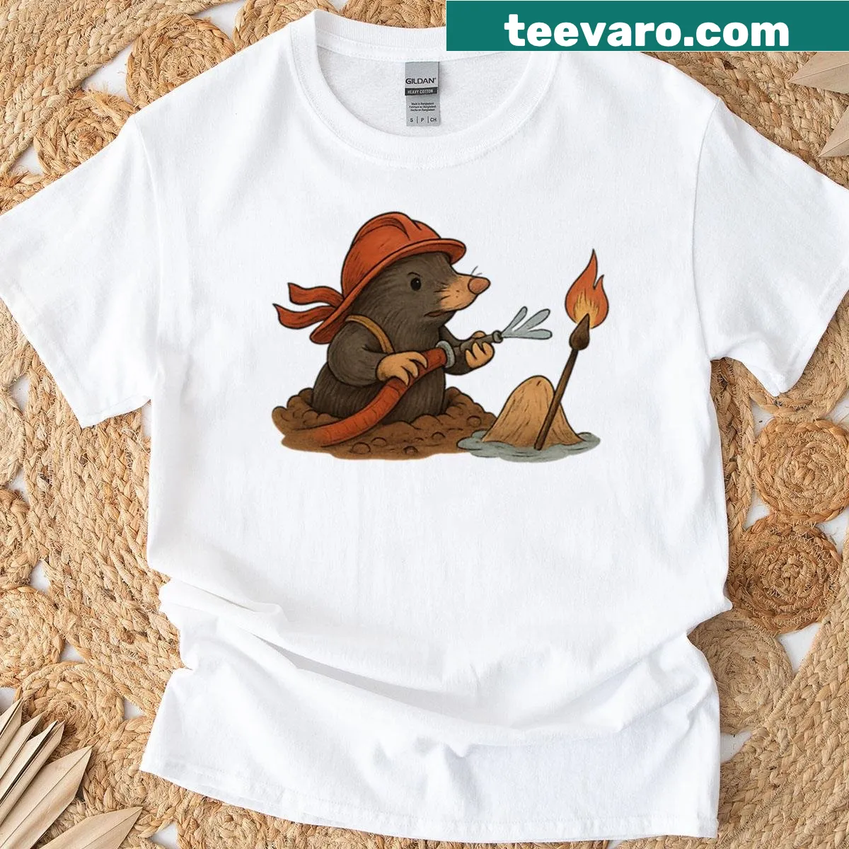 Cartoon mole in firefighter gear on a t-shirt — on a men's t-shirt