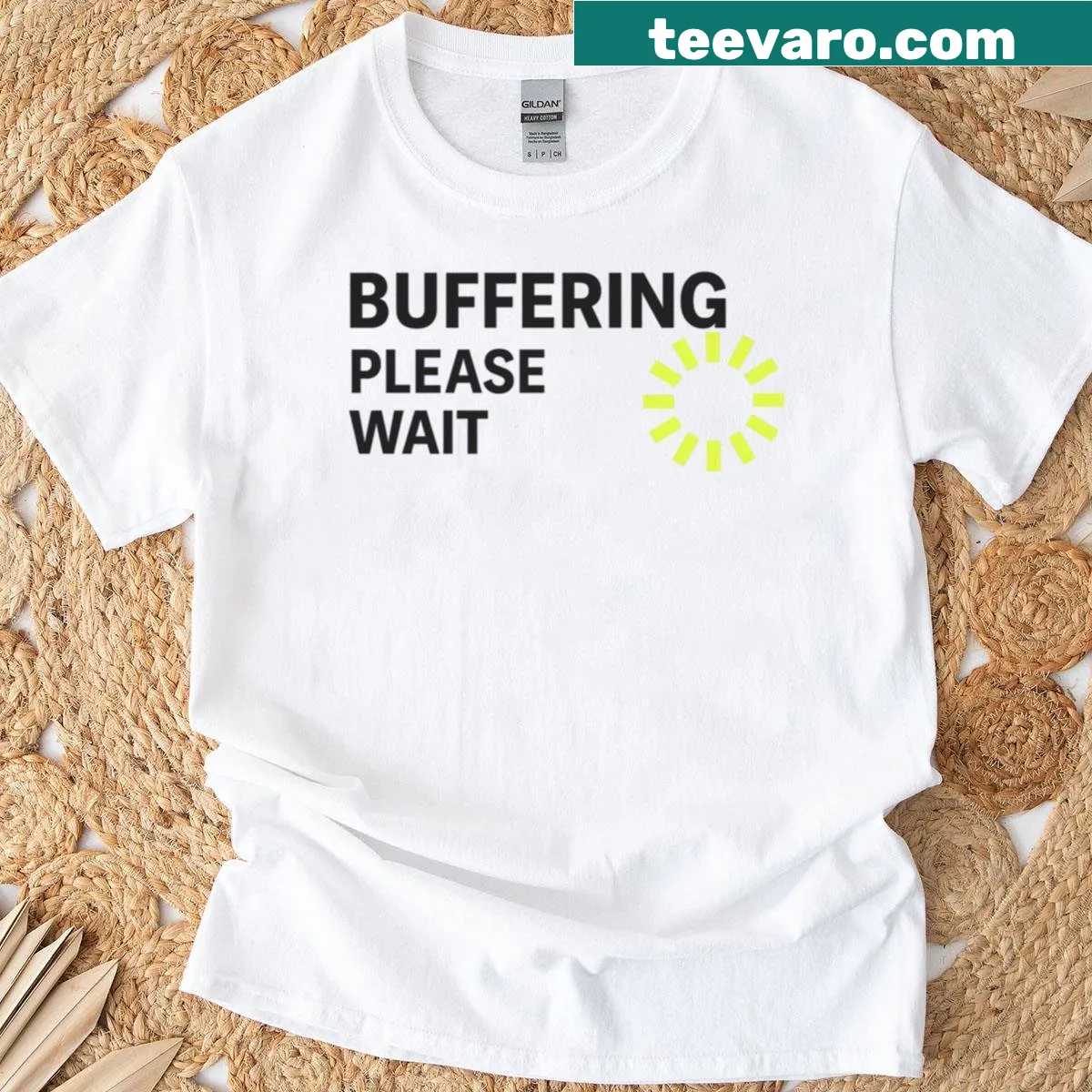 T-shirt featuring the phrase 'Buffering Please Wait' in bold typography — on a men's t-shirt