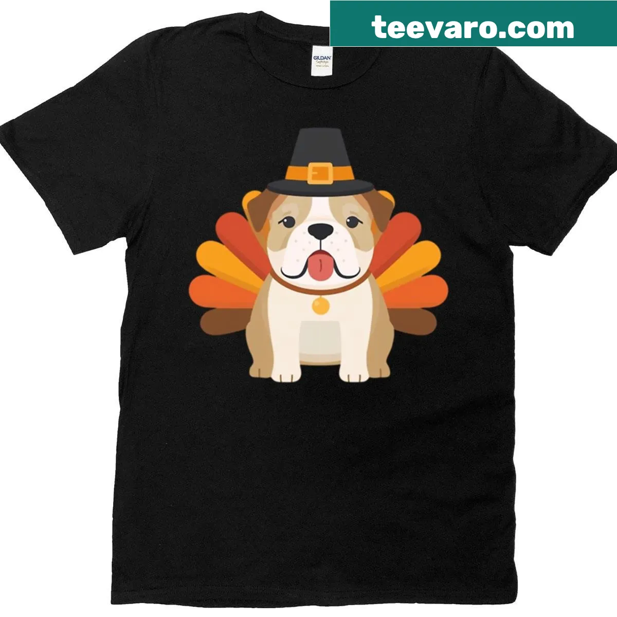 Cartoon bulldog dressed as a turkey on a humorous t-shirt — on a men's t-shirt