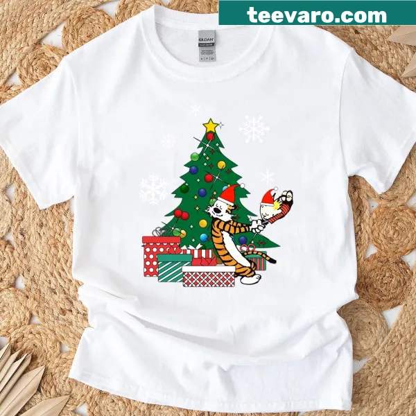 Calvin and Hobbes decorating a Christmas tree T-shirt design