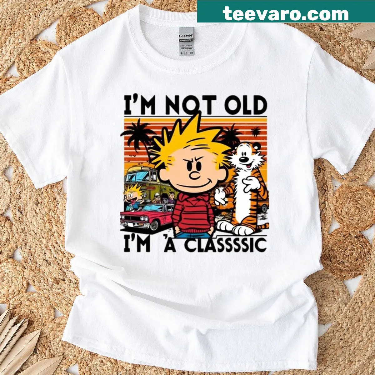 Calvin and Hobbes cartoon design on a T-shirt — on a men's t-shirt